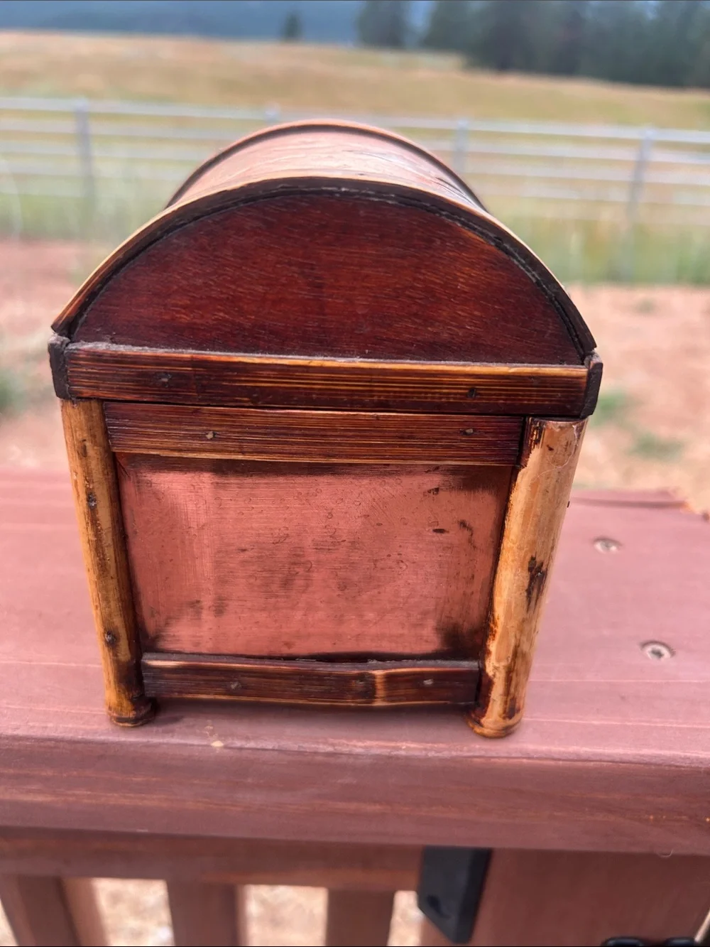 Vintage Bamboo Wood Trinket Box with Copper and Silver-Tone Accents.